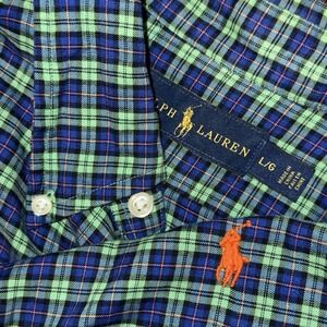 Polo Ralph Lauren Long Sleeve Button Down Oxford Shirt Men's L Green Blue Plaid